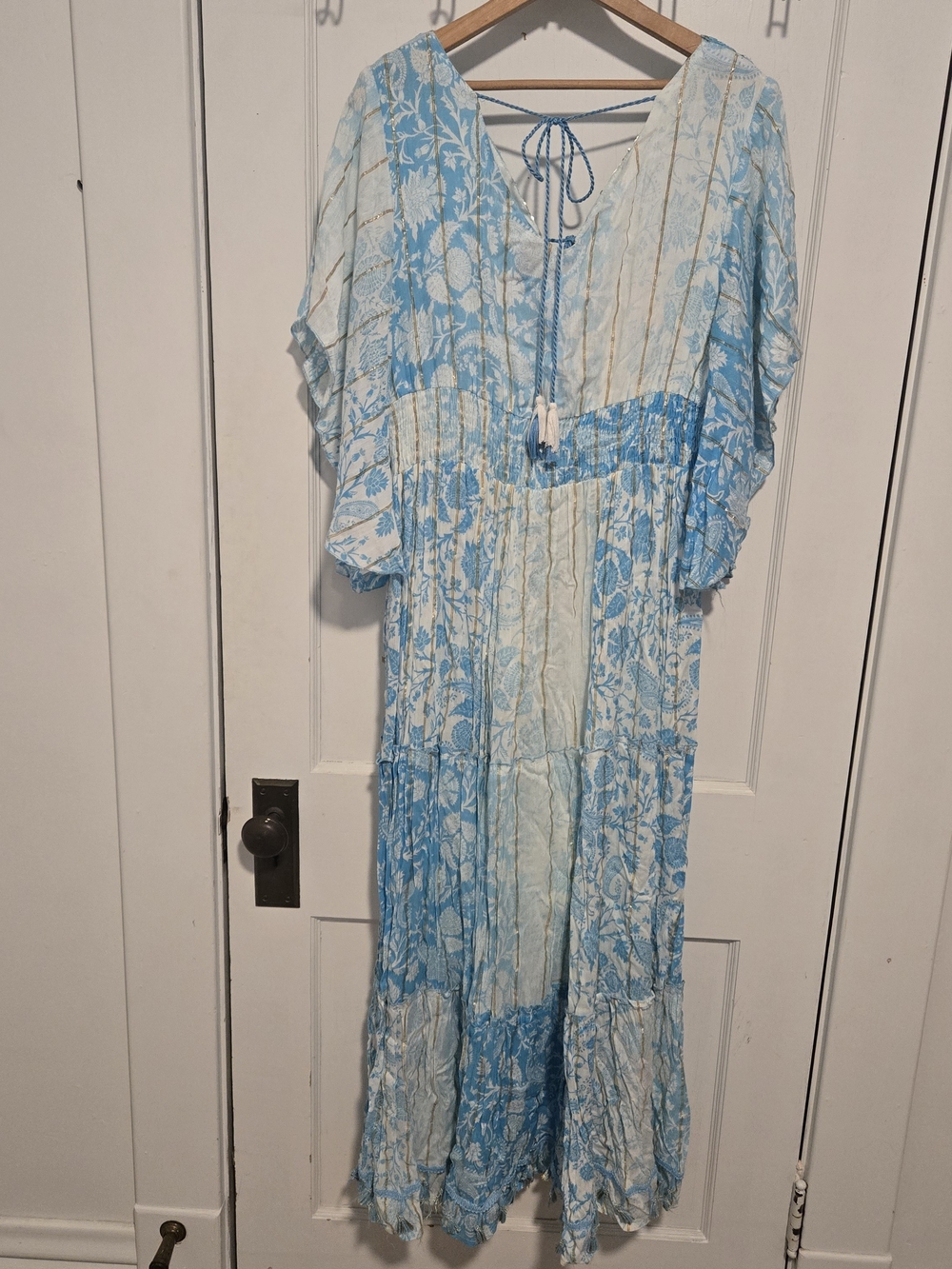 Light Blue Floral Boho Maxi Dress with Sequin Trim - Picture 5 of 10